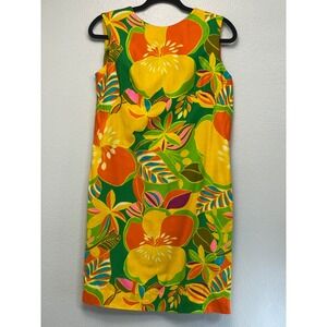 Vintage Tropical Floral Shift Dress Sleeveless Yellow Orange Green Size M